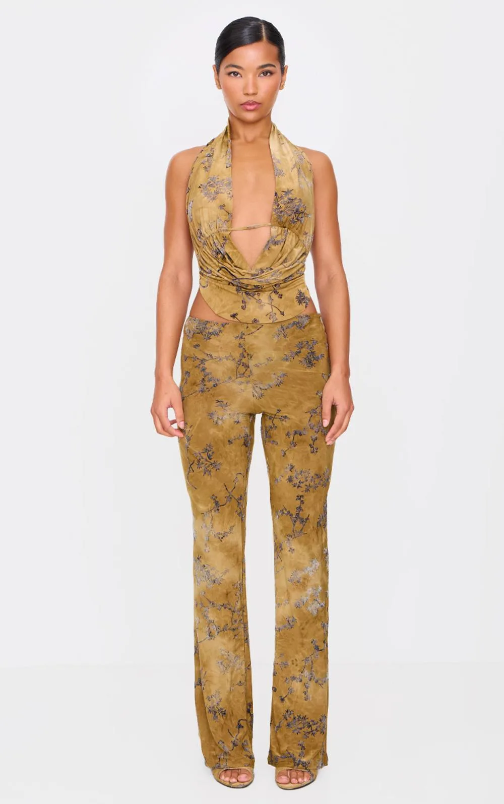 Floral Print Devore Slim Flare Trousers Co-Ord by PrettyLittleThing