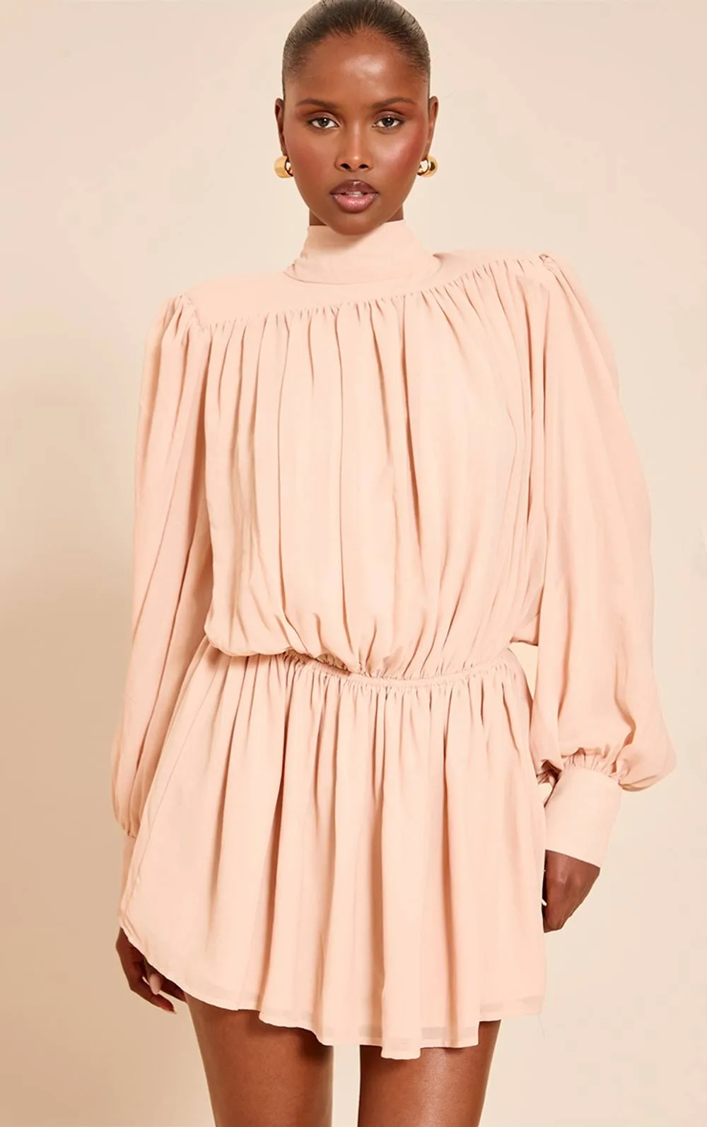 Structured Chiffon Long Sleeve Shift Dress