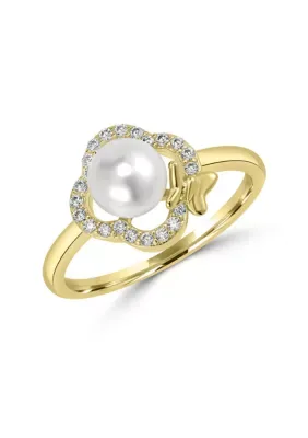 Gold Plated Cubic Zirconia Clover Butterfly Pearl Ring by Belk Silverworks