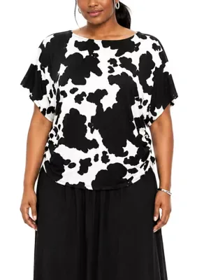 Cow Print Boatneck Batwing Sleeve Side Ruched by Coin1804