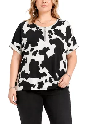 Cow Print Dolman Half Zip Rolled Sleeve by Coin1804