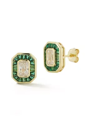 Sterling Silver Green CZ Halo Emerald Cut Stud Earrings by Sphera Milano