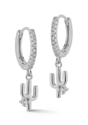 Sterling Silver CZ Cactus Charm Huggie Hoop Earrings by Sphera Milano