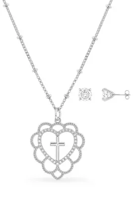 Fine Silver Plated Cubic Zirconia Round Stud Earrings & Heart Cross Necklace Set 20 In by Belk Silverworks