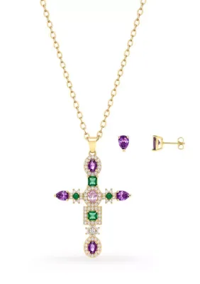Gold Plated Round Multi Cubic Zirconia Stud Earrings & Cross Pendant Necklace Set 20 In by Belk Silverworks