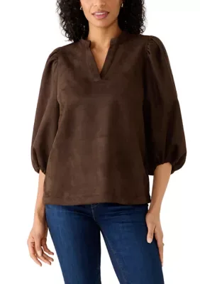 Suede 3/4 Sleeve Split Neck Top