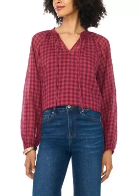 Long Sleeve V-Neck Plaid Blouse by Vince Camuto