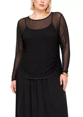 Foil Drop Mesh Scoopneck Side Ruched Long Sleeve by Coin1804