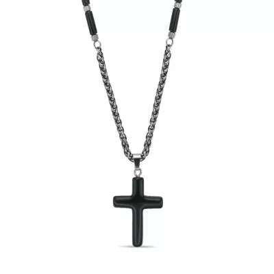 Stainless Steel and Black Agate Cross Pendant Necklace 24 In by Lynx