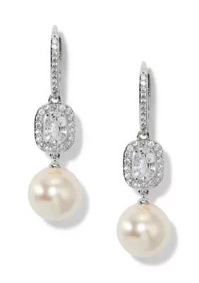 Elongated Cushion Halo Pearl Drop Leverback Earrings by Nadri