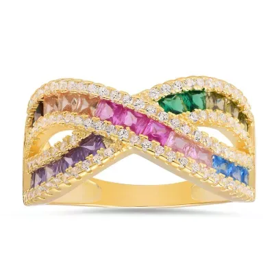Sterling Silver Princess-Cut Multi-Color Crossover Highway Ring by Kylie Harper