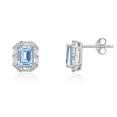 Baguette Gemstone Halo Stud Earrings with Created White Sapphire Accents by Gemminded