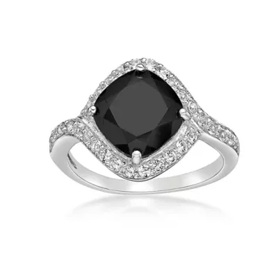 Sterling Silver Cushion-Cut Black Onyx Ring with White Topaz Accent by Gemminded