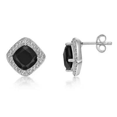 Sterling Silver Cushion-Cut Black Onyx Stud Earrings with White Topaz Accent