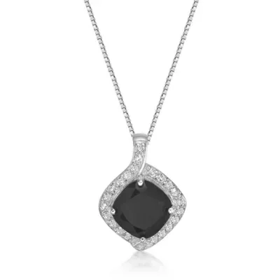 Sterling Silver Cushion-Cut Black Onyx Pendant with White Topaz Accent, 18 In by Gemminded