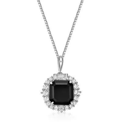 Sterling Silver Asscher-Cut Black Onyx Pendant with Created White Sapphire Halo, 18 In by Gemminded