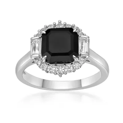 Sterling Silver Asscher-Cut Black Onyx Ring with Created White Sapphire Halo by Gemminded