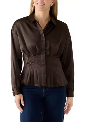 Pleated Collared Button Down Top by Nicole Miller