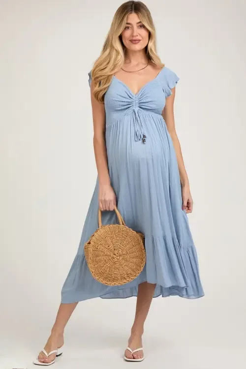 Smocked Ruched Ruffle Hem Maxi Dress by PinkBlush