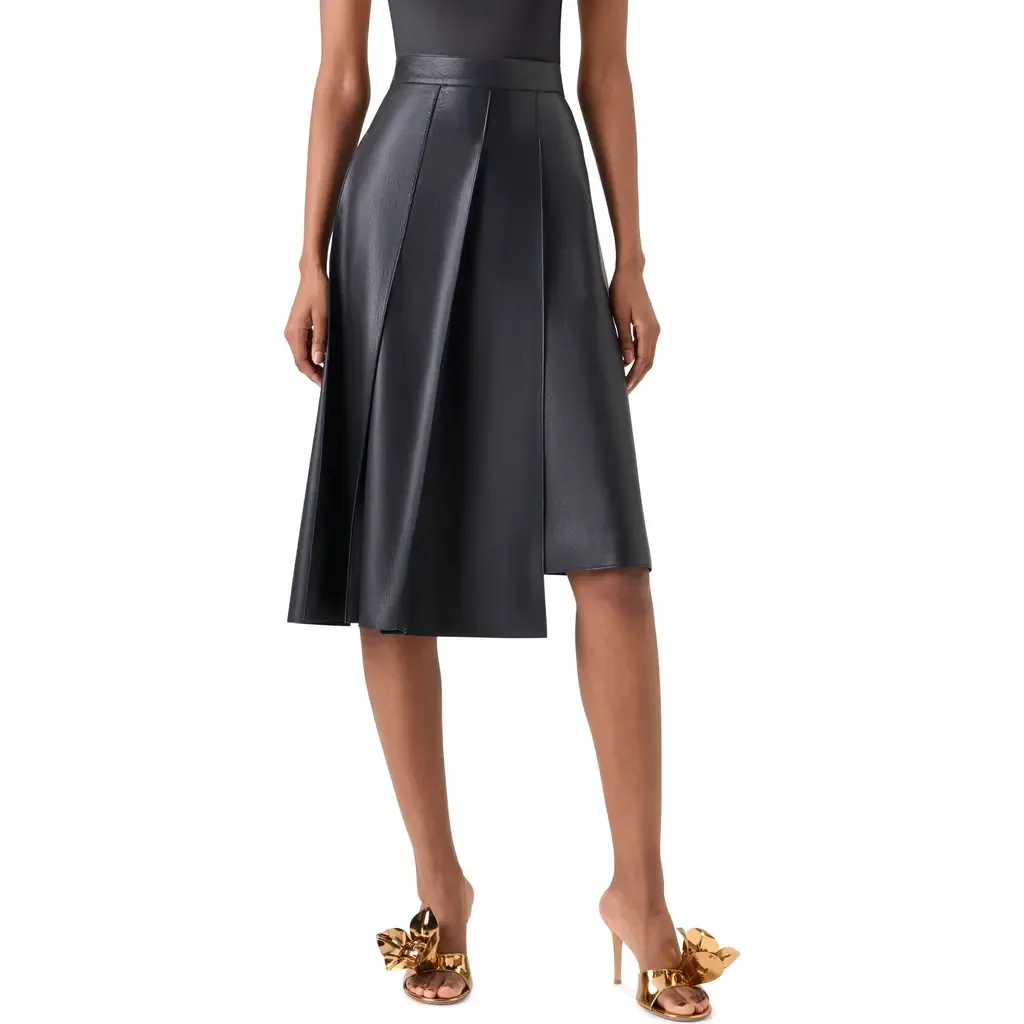 Pleated Asymmetrical Lambskin Leather A-Line Midi Skirt by Akris