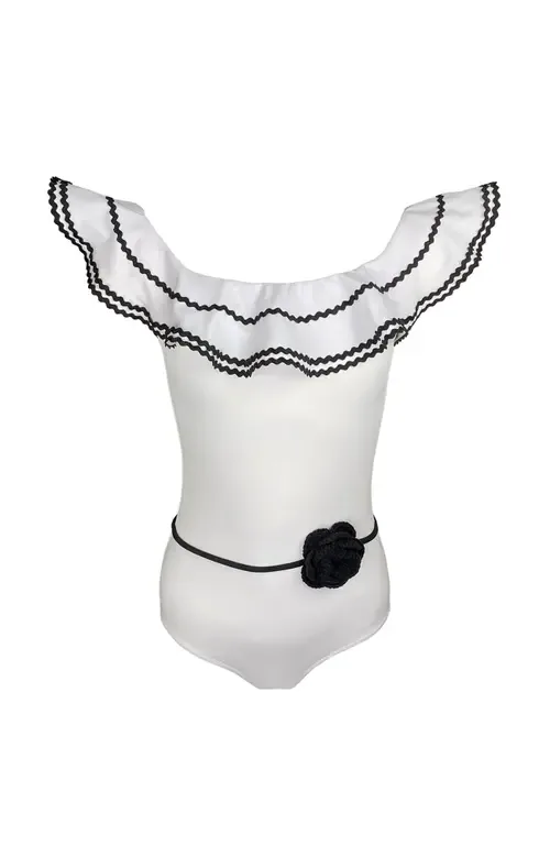 Off Shoulder Crochet Flower Belt One-Piece Swimsuit by NESSI BYRD