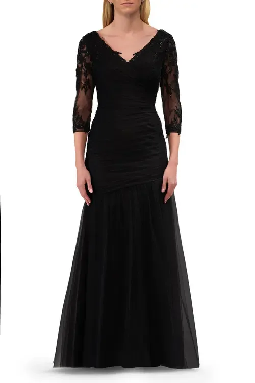 Tulle Evening Gown with Trumpet Skirt and Lace Illusion Sleeves by La Femme