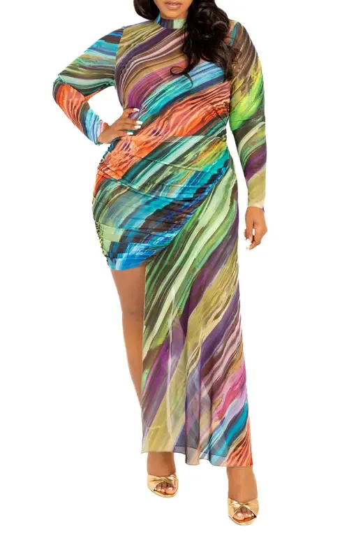 Print Asymmetric Long Sleeve Mesh Midi Dress by BUXOM COUTURE
