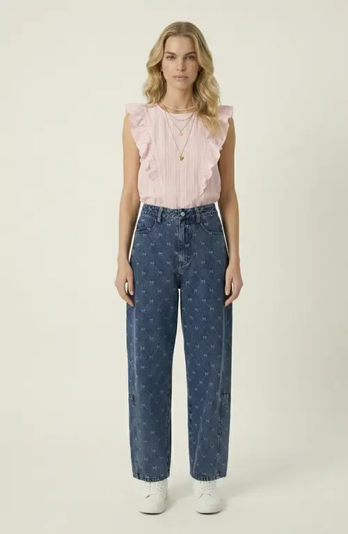 Embroidered Denim Barrel Leg Trousers by Modenaire