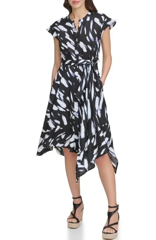 Print Cap Sleeve Linen Shirtdress by DKNY