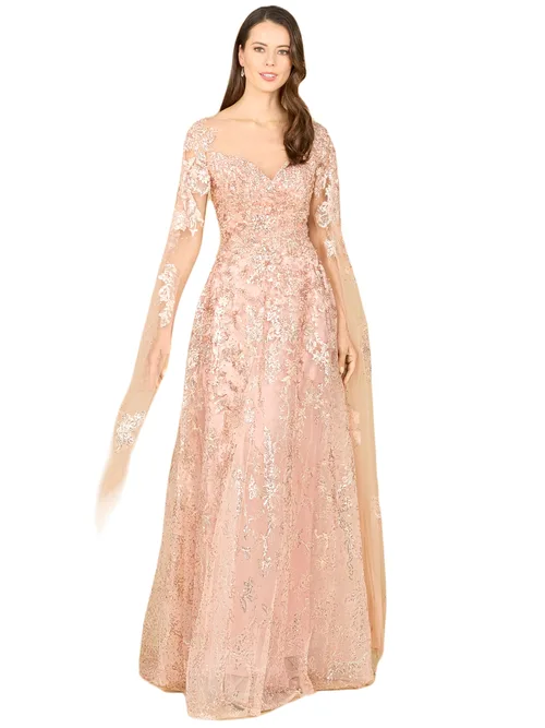Lace Gown with Cape Sleeves, Sweetheart Neckline by LARA New York