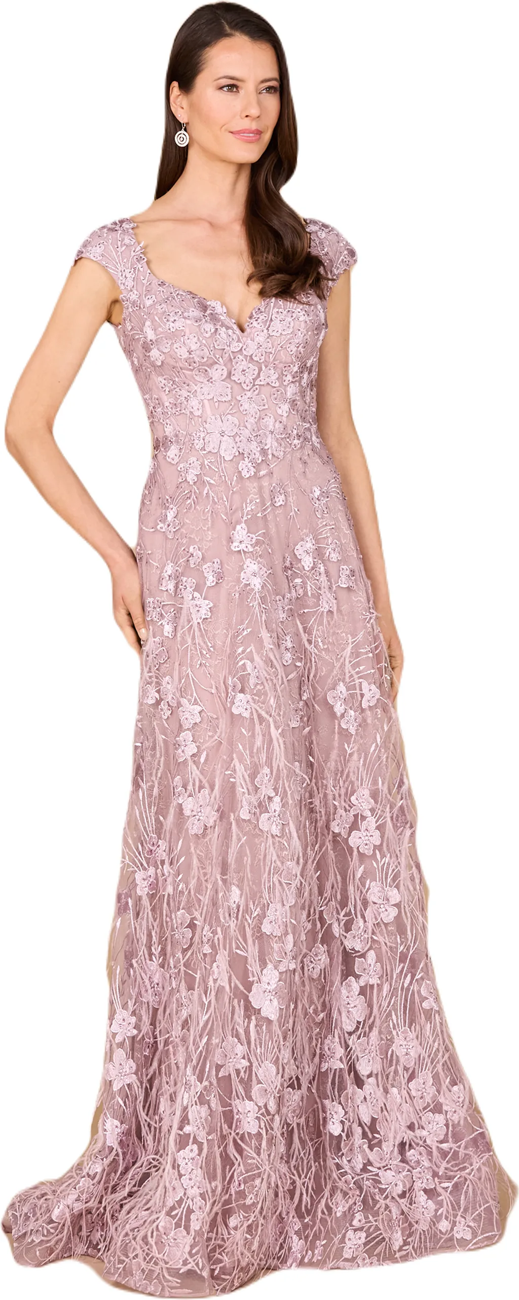 Cap Sleeves, A-Line Dress with Feathers