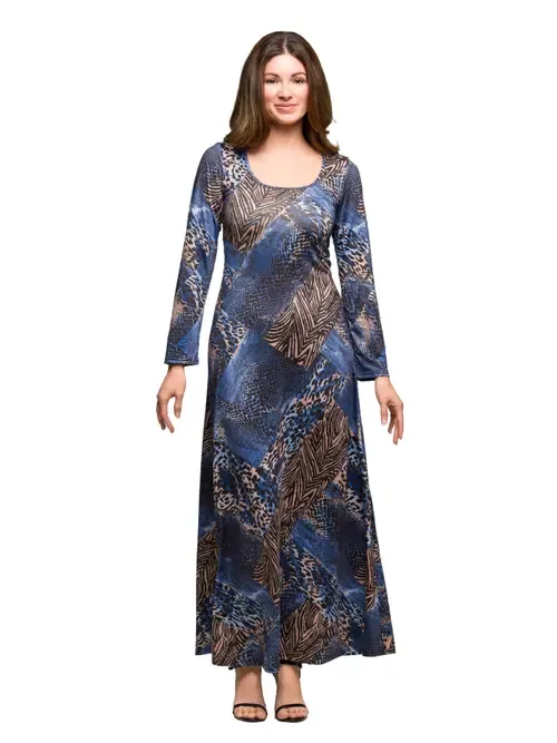 Animal Print Long Sleeve Scoop Neck Maxi Dress by 24seven Comfort Apparel