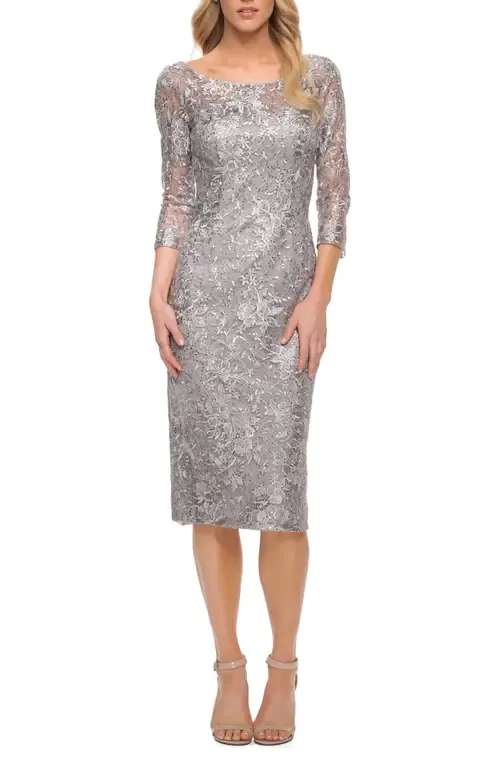 Metallic Lace Sheath Dress by La Femme