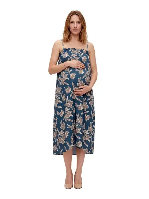 Maternity Essential Floral Print Spaghetti Strap Smocked Pocket A-Line Maxi Dress by 24seven Comfort Apparel