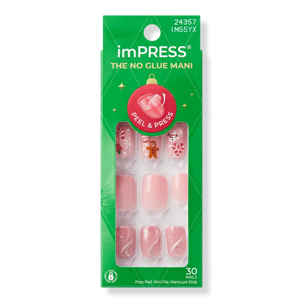 Impress Design Short Squoval Press on Nails, Feliz Navidad by Kiss