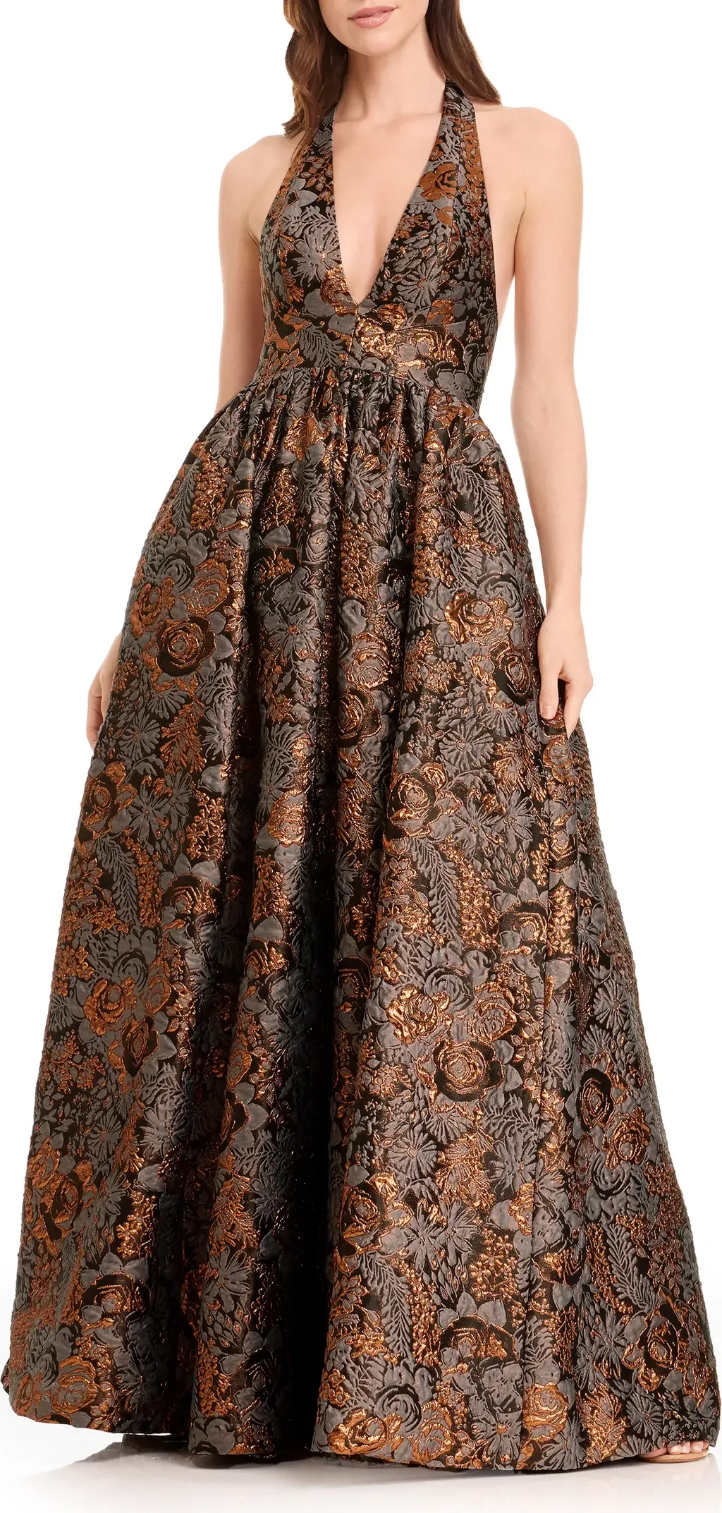 Christina Metallic Floral Jacquard Plunge Halter Neck Gown