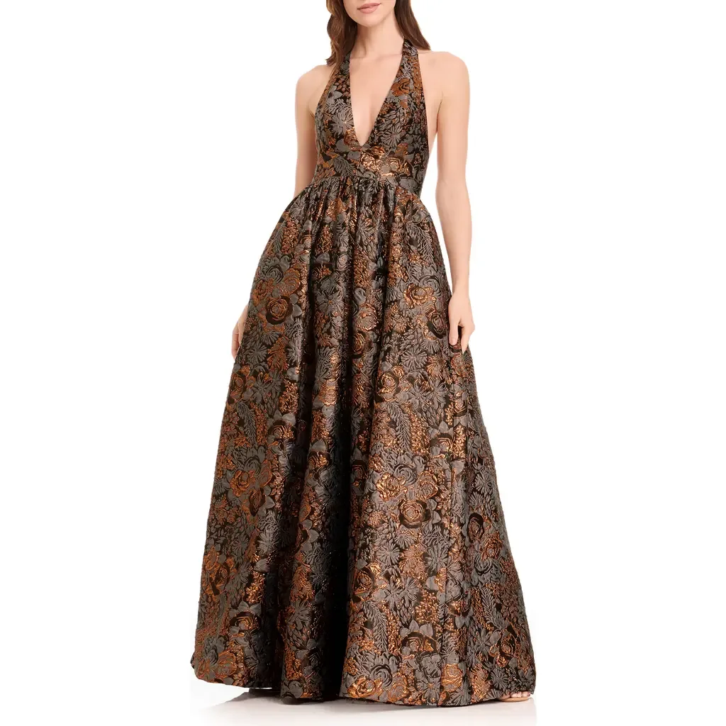 Christina Metallic Floral Jacquard Plunge Halter Neck Gown by Dress the Population
