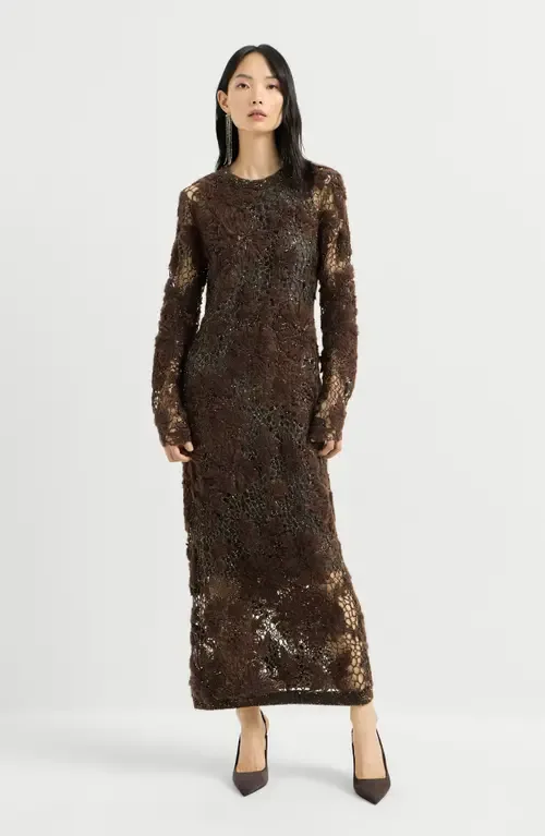 Whispering Bloom Embroidery Knit Dress in Sparkling Mohair and Wool by Brunello Cucinelli