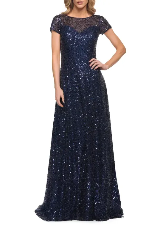 Embellished Illusion Mesh Column Gown by La Femme