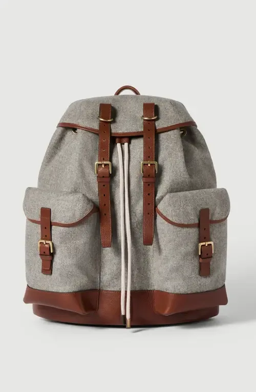 Virgin Wool, Alpaca and Cashmere Flannel Field Backpack with Grained Calfskin Inserts by Brunello Cucinelli