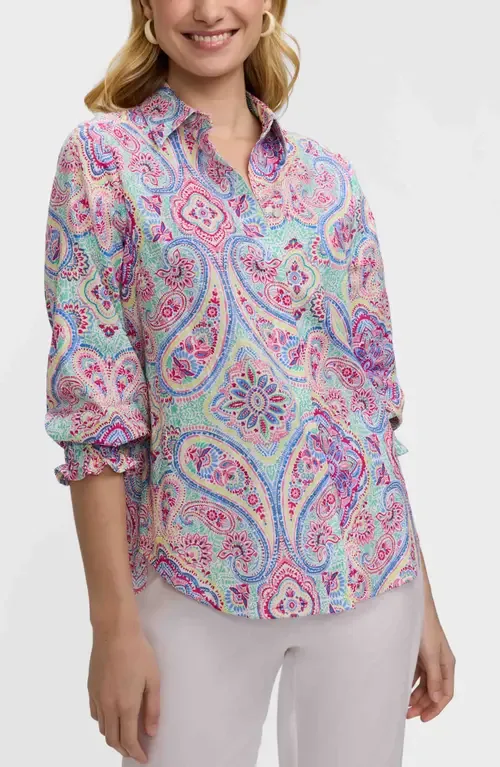 Olivia Paisley Smocked Cuff Linen Blend Button-Up Shirt by Foxcroft