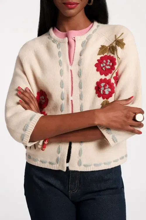 Blanket Stitch Border Cardi Coat Floating Floral 100% Lambswool by Frances Valentine