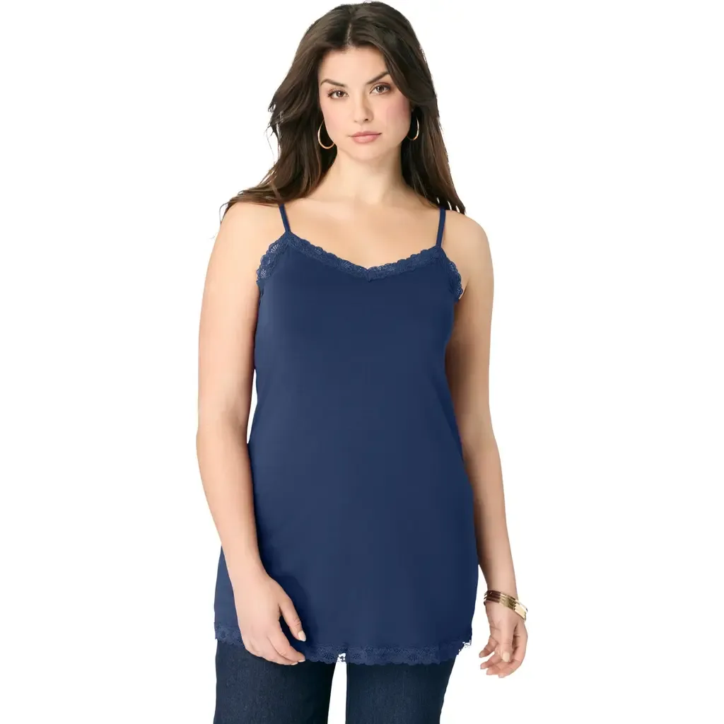 Lace Trim Knit Cami with Adjustable Straps by Roaman's