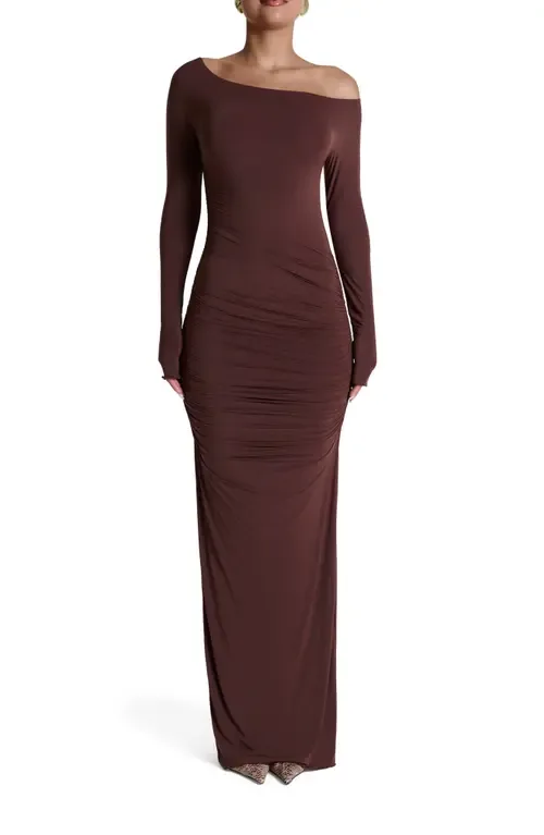 Ruched Off the Shoulder Long Sleeve Maxi Dress by Naked Wardrobe