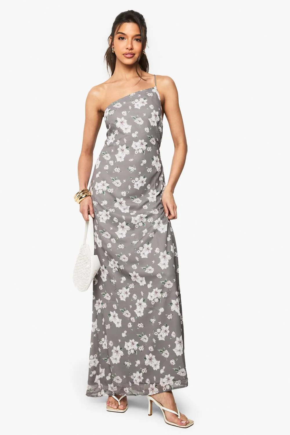 Floral Chiffon Asymmetric Column Maxi Dress - Stone by boohoo