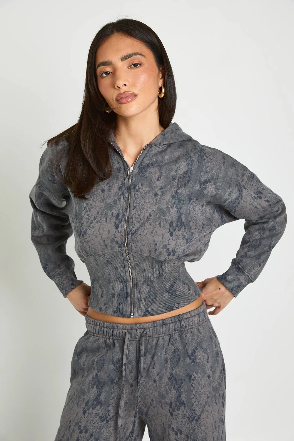 Snake Print Deep Hem Zip Through Hoodie by boohoo