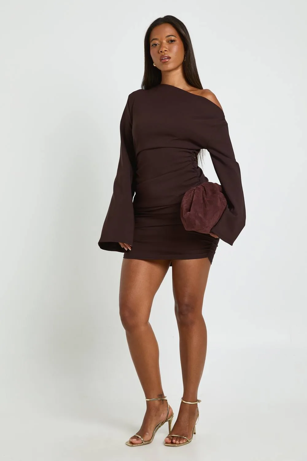 Flared Sleeve Off-The Shoulder Ruched Mini Dress by boohoo