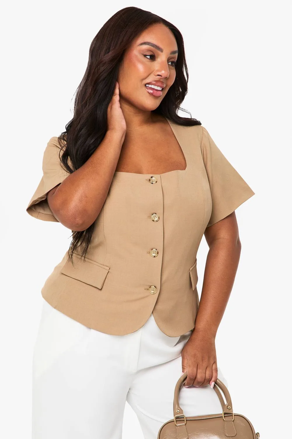 Square Neck Cinched Waist Short Sleeve Blazer by boohoo