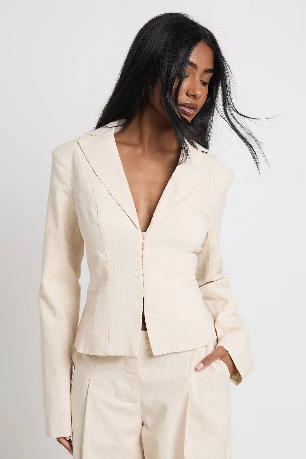 Linen Look Hook & Eye Blazer by boohoo