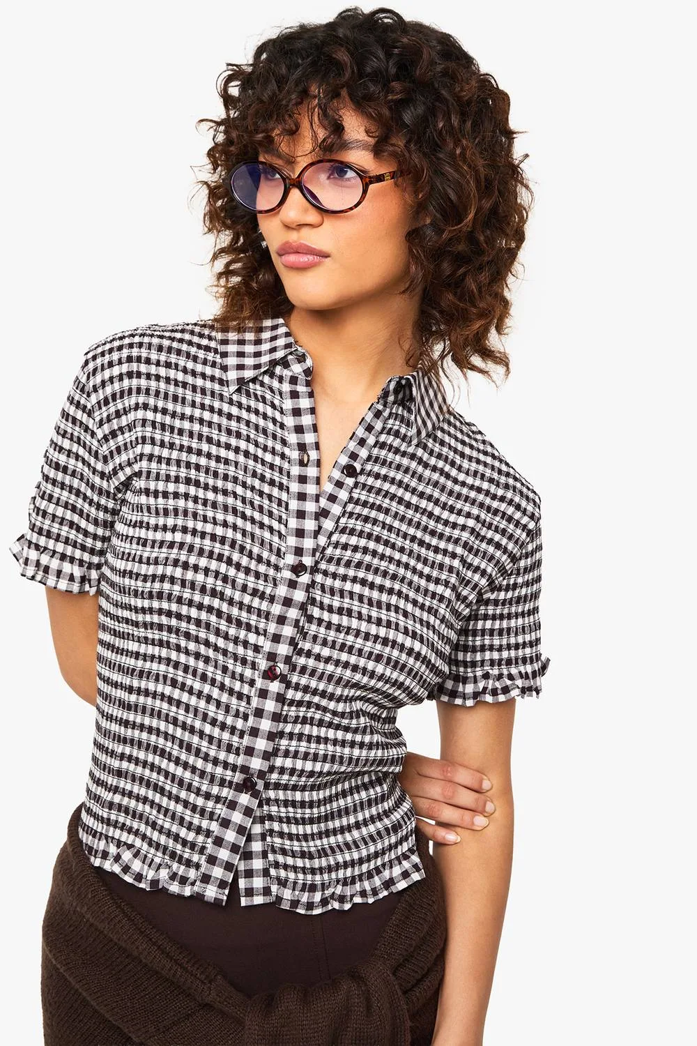 Smocked Gingham Crop Shirt by boohoo